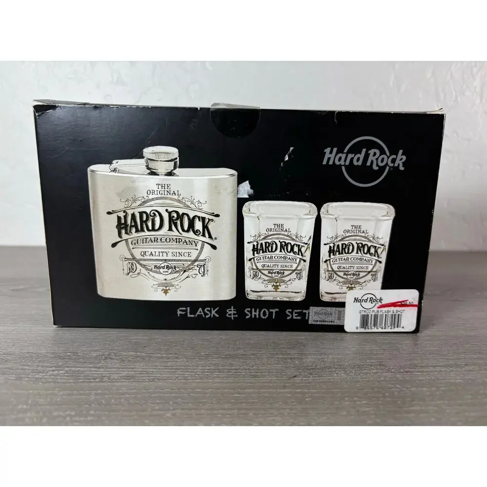 Hard Rock‎ Cafe Stainless Steel Flask- Shot Glass Box Set- New in Box